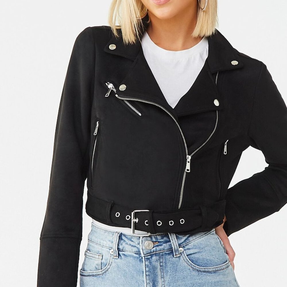 Belted Faux Suede Cropped Moto Jacket - Forever 21